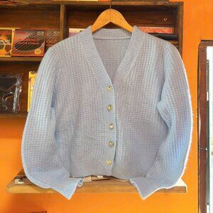 Gray Blue Waffle Knit Cardigan Gold Buttons 💙